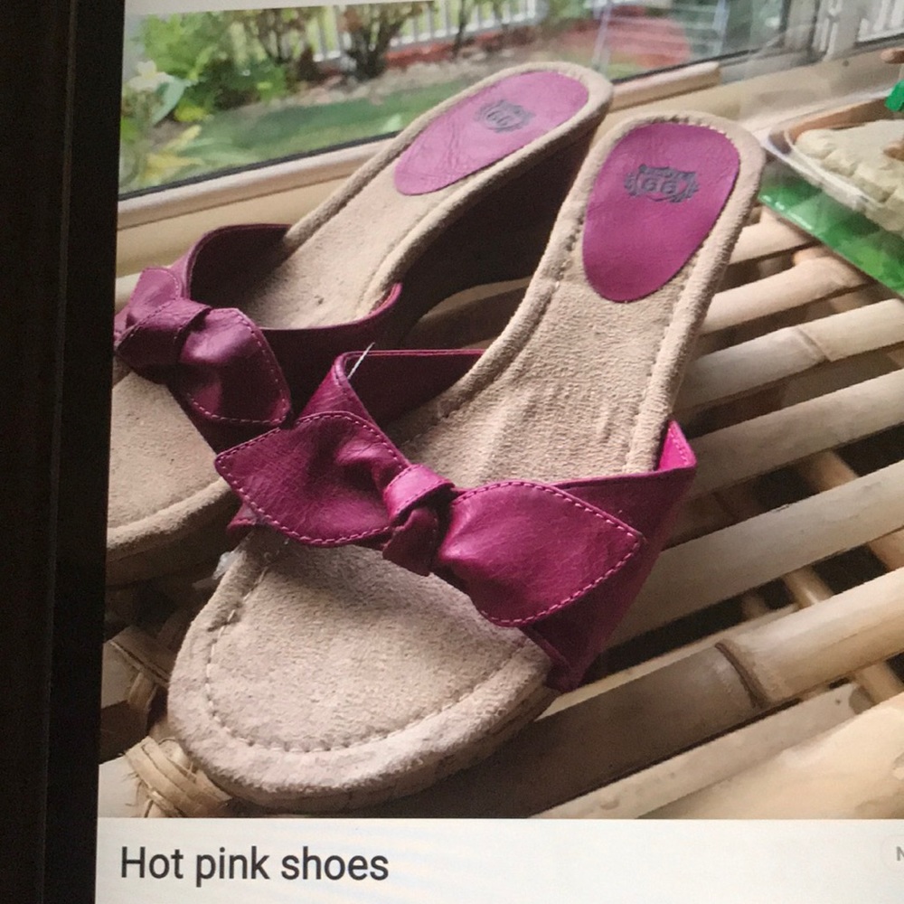 Hot pink slip on wedges